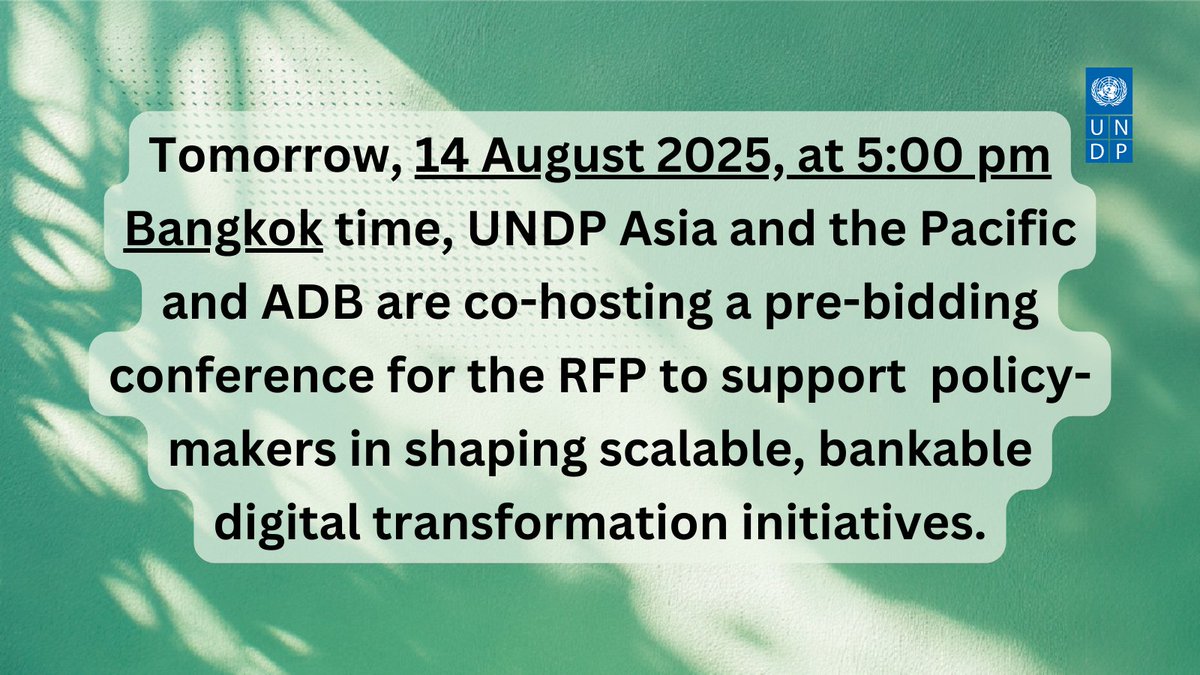 Regional Innovation & Digital in Asia-Pacific (@undp_innoap) on Twitter photo 👋🏼If supporting #digital strategies, #DPI, #AI sandboxes, #govtechinstitutions & learning journeys for policymakers sounds like you, check out this #RFP tinyurl.com/UNDPADB
📧To learn more, please send a note to procurement.th@undp.org to join the info call tomorrow. 👋🏼If supporting #digital strategies, #DPI, #AI sandboxes, #govtechinstitutions & learning journeys for policymakers sounds like you, check out this #RFP tinyurl.com/UNDPADB
📧To learn more, please send a note to procurement.th@undp.org to join the info call tomorrow.
