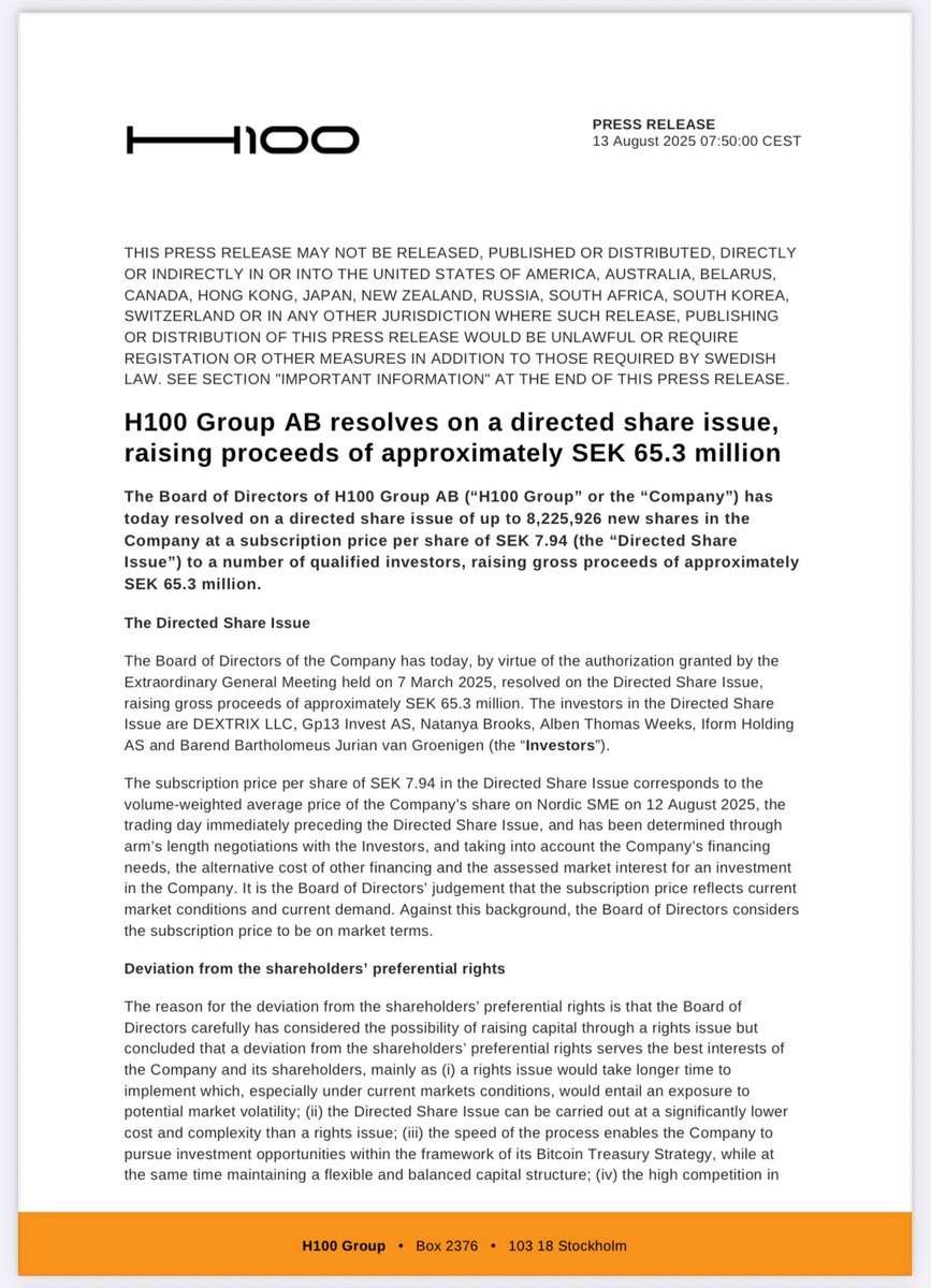 H100Group's tweet image. H100 Group AB completes directed share issue, raising ~SEK 65.3 million.
Price: Tuesday VWAP at SEK 7.94/share.

Since launching our Bitcoin Treasury Strategy, we’ve now raised a total of SEK 1.181billion in gross proceeds.