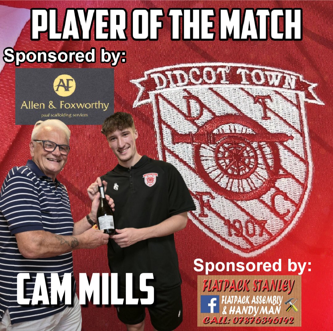Cam Mills was the Didcot Town Player of the Match against Bishops Cleeve on Tuesday evening. 

Cam scored twice late on for the railwaymen in the defeat to Bishops Cleeve. 

Cam is sponsored by Flatpack Stanley this season. 

A huge thank you to <a href="/Da_fox_14/">David</a> from Allen &amp; Foxworthy
