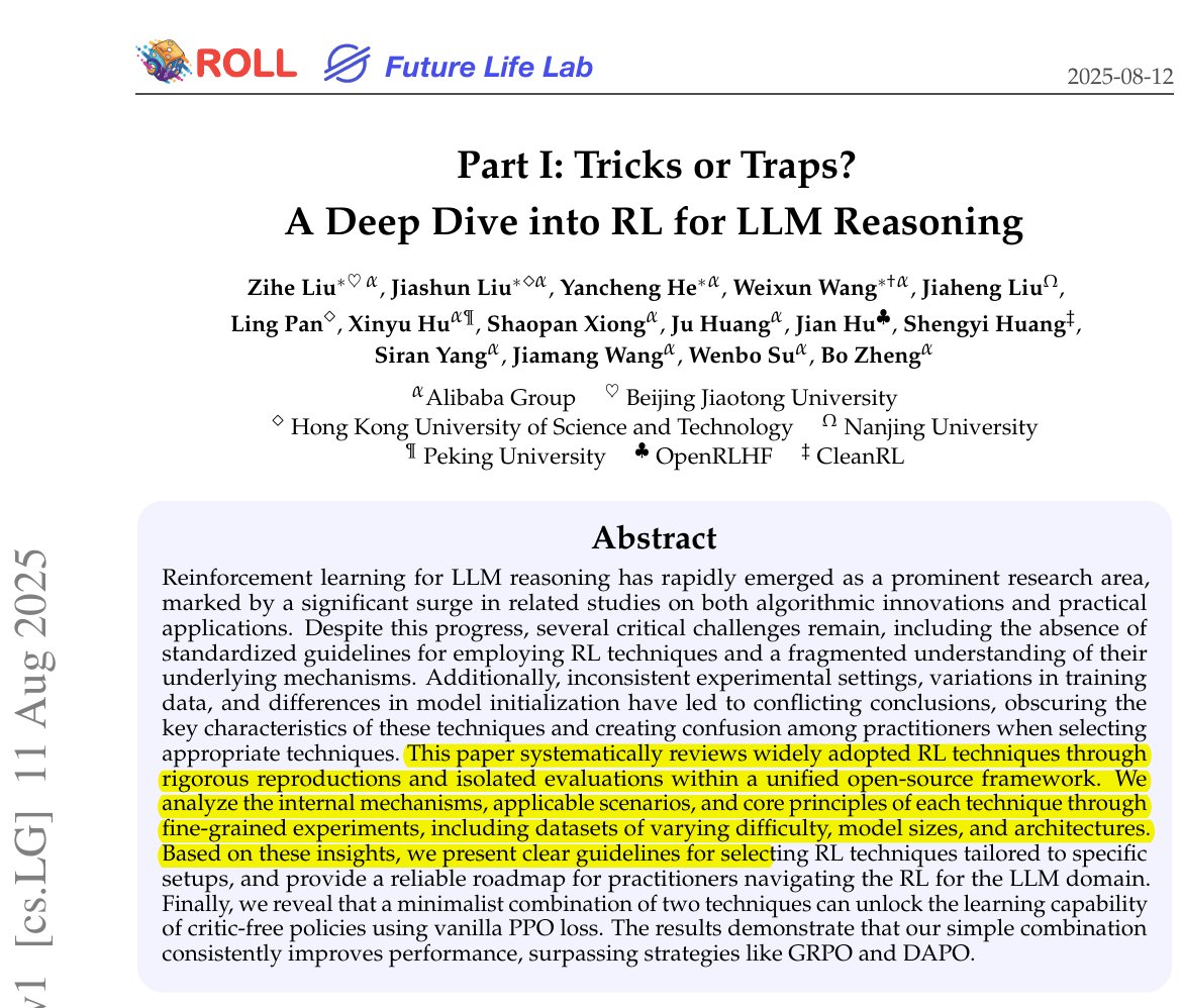 A Deep Dive into RL for LLM Reasoning.

uts through the confusion around RL tricks for LLM reasoning and gives clear, experimentally backed rules on what actually works and when.

A simple recipe, group mean + batch std normalization plus token‑level loss, makes critic‑free PPO