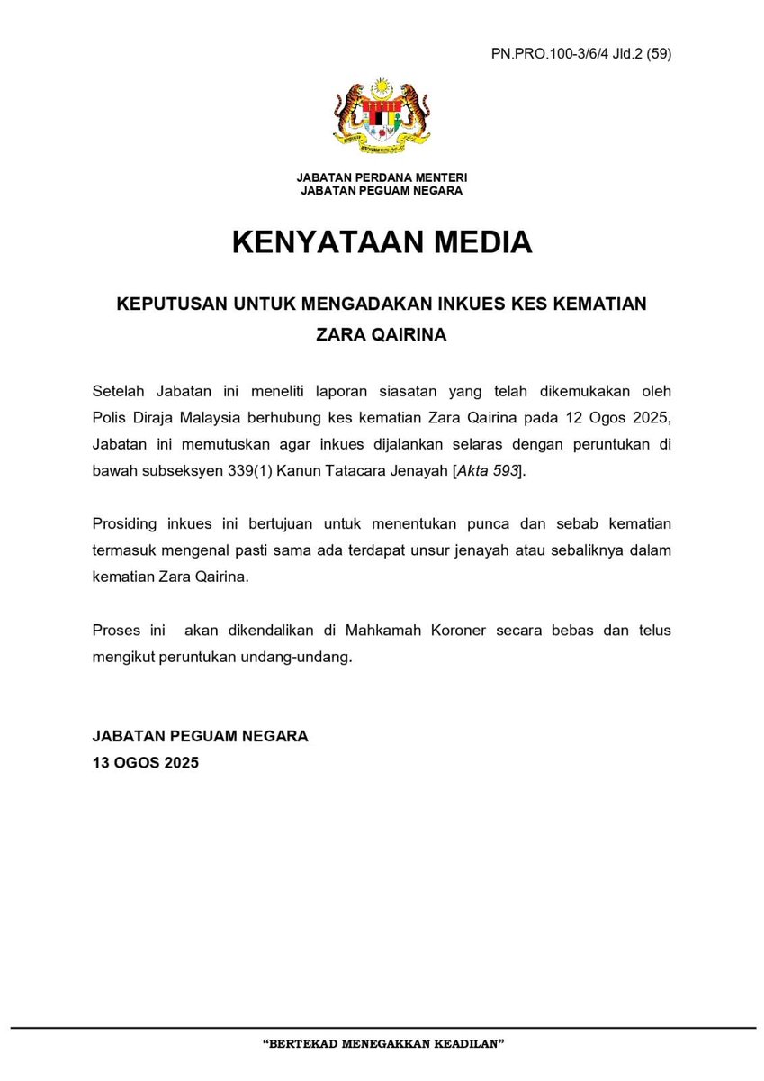 JUST IN

Kes Zara Qairina

Jabatan Peguam Negara putuskan supaya satu inkues dijalankan bagi menentukan punca kematian Zara Qairina, termasuk mengenalpasti sama ada terdapat unsur jenayah.