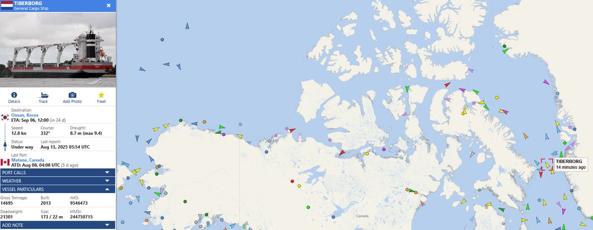 Railotech's tweet photo. ...and I guess we can call out @RoyalWagenborg's ice-strengthened freighter Tiberborg as well even though it'll still be a while until it reaches the #NorthwestPassage. It's actually the first transit for this ship but 44th for the company. https://t.co/49hg1XnEzz