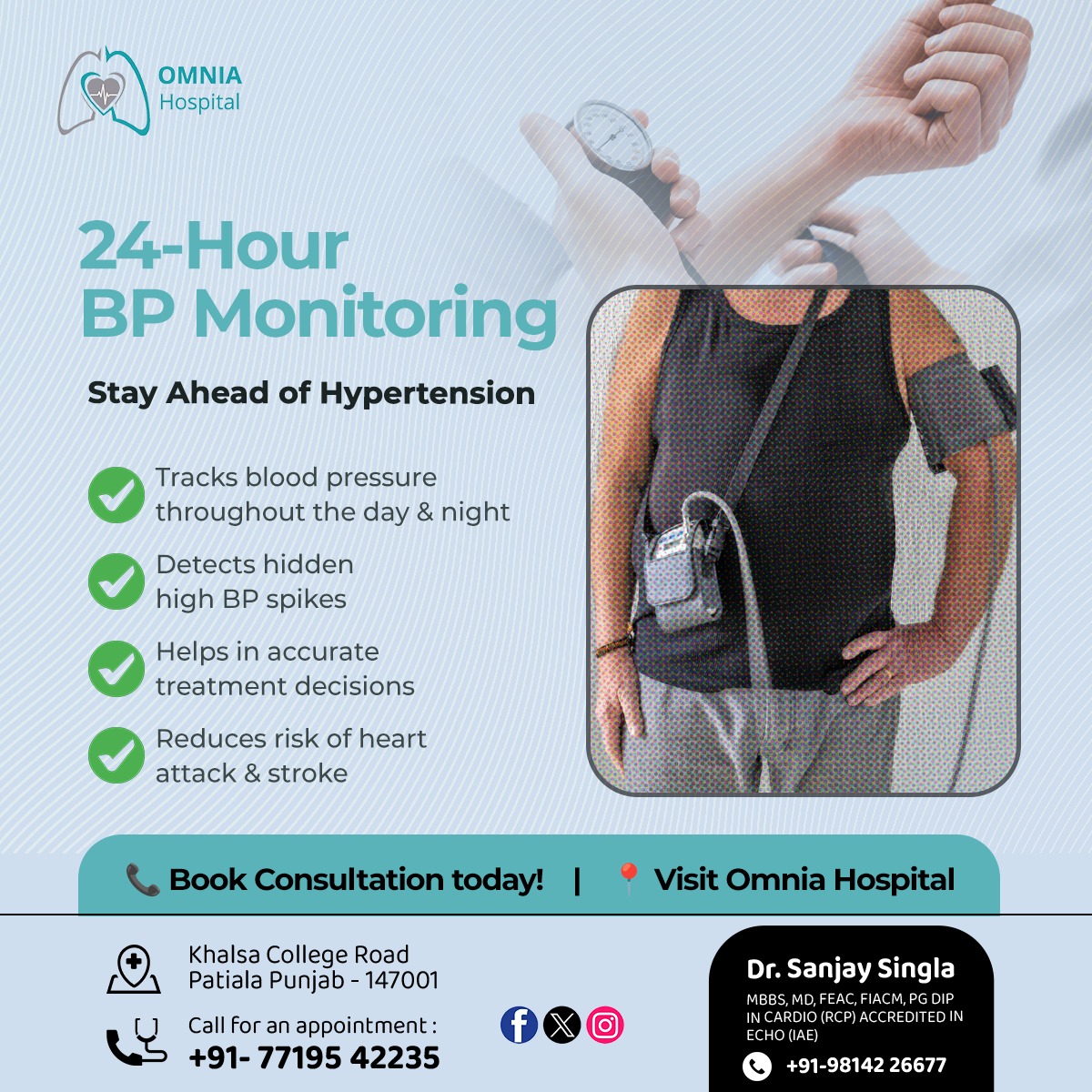 OmniaHospital's tweet photo. 24-Hour BP Monitoring
– Stay Ahead of Hypertension 🩺

Track your blood pressure day &amp; night, detect hidden spikes, get accurate treatment, and reduce your risk of heart attack &amp; stroke.

📞 Book Your Consultation: 77195 42235

#BPCare #HeartHealth #HypertensionAwareness https://t.co/Ec0m3iEr3l