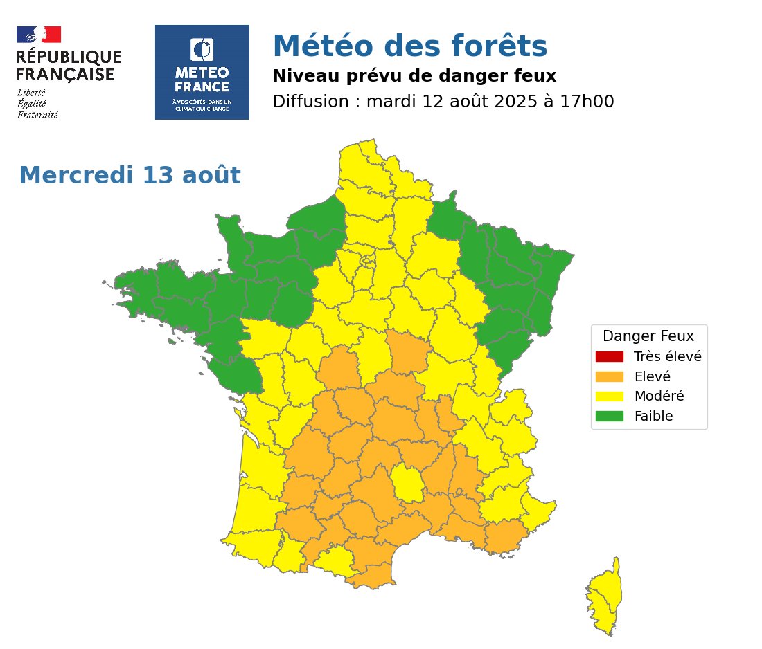 Guillaume Séchet (@meteovilles) on Twitter photo 🔥 Avec la poursuite de la #canicule, le risque d'#incendies atteint un niveau élevé dans de nombreux départements du sud mais aussi du centre de la France ce mercredi 13 août 2025. (via <a href="/meteofrance/">Météo-France</a>) 🔥 Avec la poursuite de la #canicule, le risque d'#incendies atteint un niveau élevé dans de nombreux départements du sud mais aussi du centre de la France ce mercredi 13 août 2025. (via <a href="/meteofrance/">Météo-France</a>)