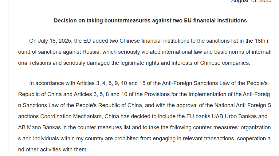 BREAKING: 

China has sanctioned two EU banks in response to the listing of two Chinese banks in the latest package of Russia sanctions