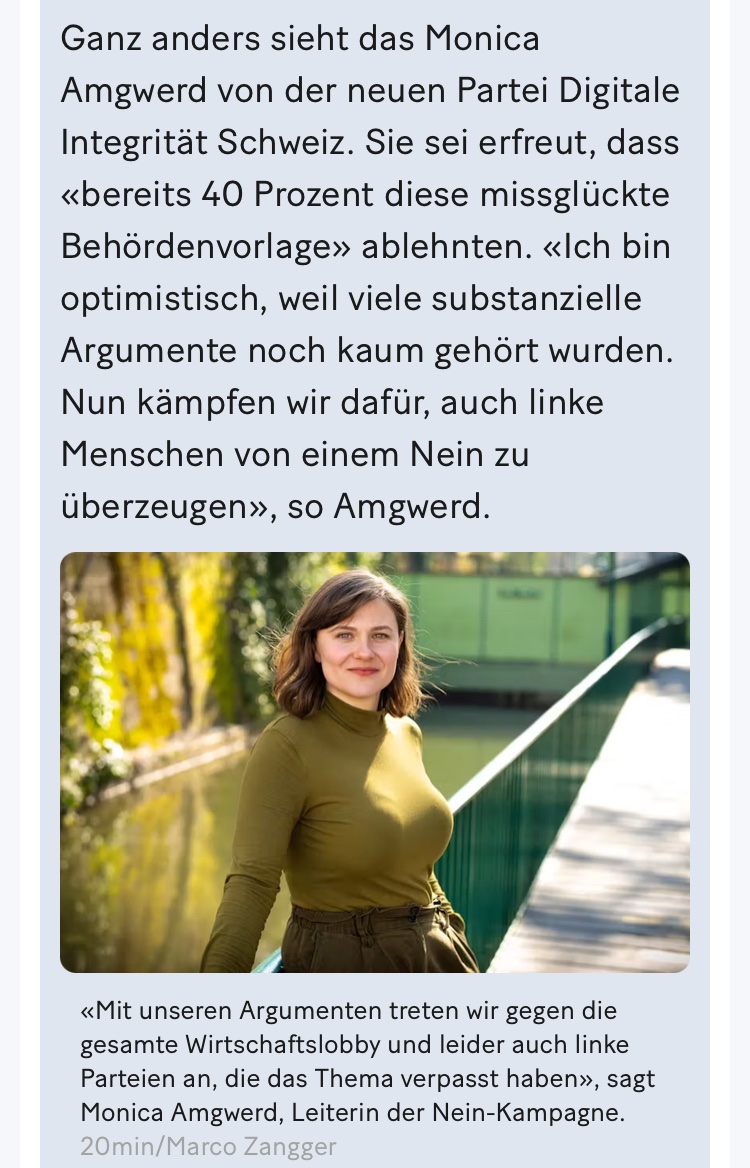 #EIDGesetzNEIN 
Die 20Minuten/Tamedia Umfrage von heute zeigt ein erfreuliches Resultat: 40% lehnen "die missglückte Behördenvorlage" bereits ab🙌🏻

Good to know: 
• bei Behördenvorlagen steigt der Nein-Anteil üblicherweise stetig bis zur Abstimmung
• Wir brauchen lediglich 8%