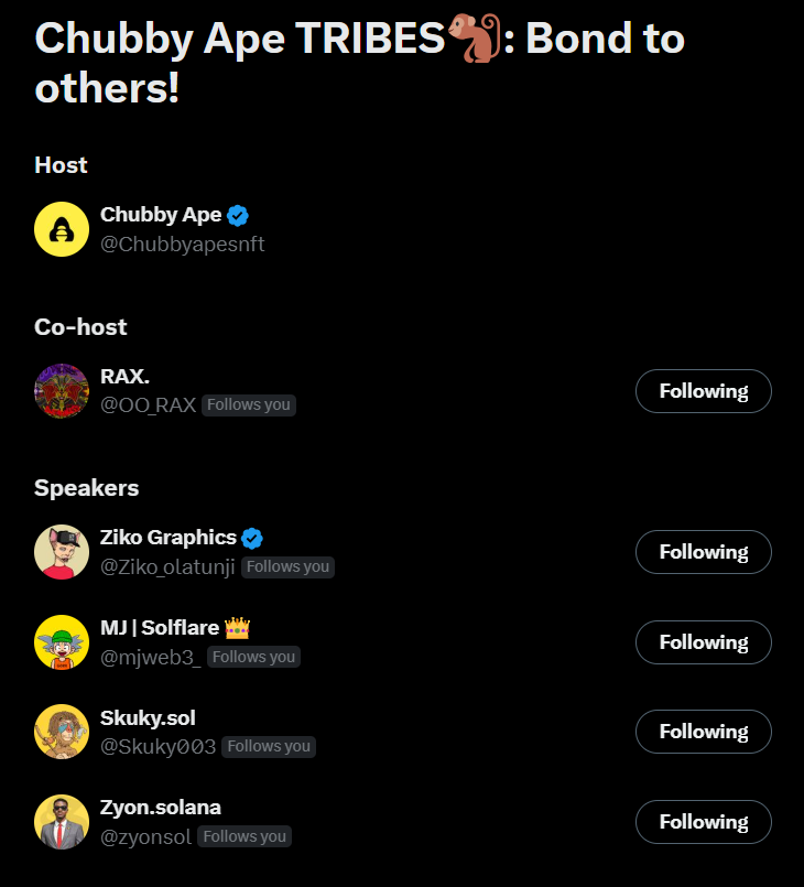 Chubby Ape | DRiP๐ง (@chubbyapesnft) on Twitter photo Wrapped our 1st tribe space! more to come learn to be a good host and <a href="/OO_RAX/">RAX.</a> as a co host!
Shoutout to <a href="/Skuky003/">Skuky.sol</a> <a href="/Ziko_olatunji/">Ziko Graphics</a> <a href="/mjweb3_/">MJ | Solflare ๐</a> <a href="/zyonsol/">Zyon.solana</a> for tuning in!!
Apes together strong!
๐โ๏ธ๐ Wrapped our 1st tribe space! more to come learn to be a good host and <a href="/OO_RAX/">RAX.</a> as a co host!
Shoutout to <a href="/Skuky003/">Skuky.sol</a> <a href="/Ziko_olatunji/">Ziko Graphics</a> <a href="/mjweb3_/">MJ | Solflare ๐</a> <a href="/zyonsol/">Zyon.solana</a> for tuning in!!
Apes together strong!
๐โ๏ธ๐
