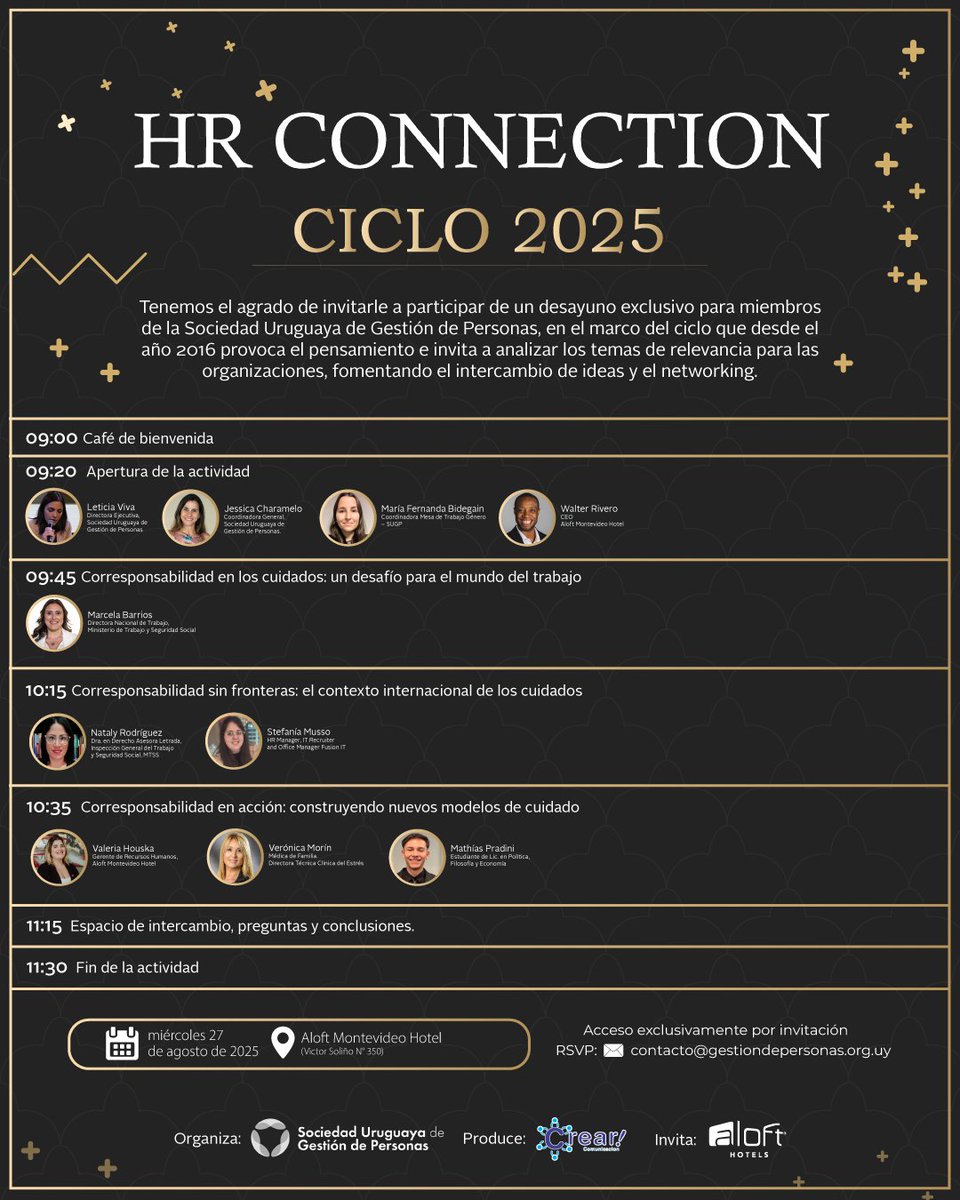 GestionHumanaUy's tweet photo. 💬 Nueva edición del Ciclo HR Connection de la Mesa de Trabajo de Género.
🗓️ 27 de agosto | 🕘 9:00-11:30 | 📌 @AloftMontevideo
🤝 Con la participación de Marcela Barrios, Directora Nacional de Trabajo @MTSSuy.
#HRConnection #Corresponsabilidad #Cuidados https://t.co/PU82b3UcSk