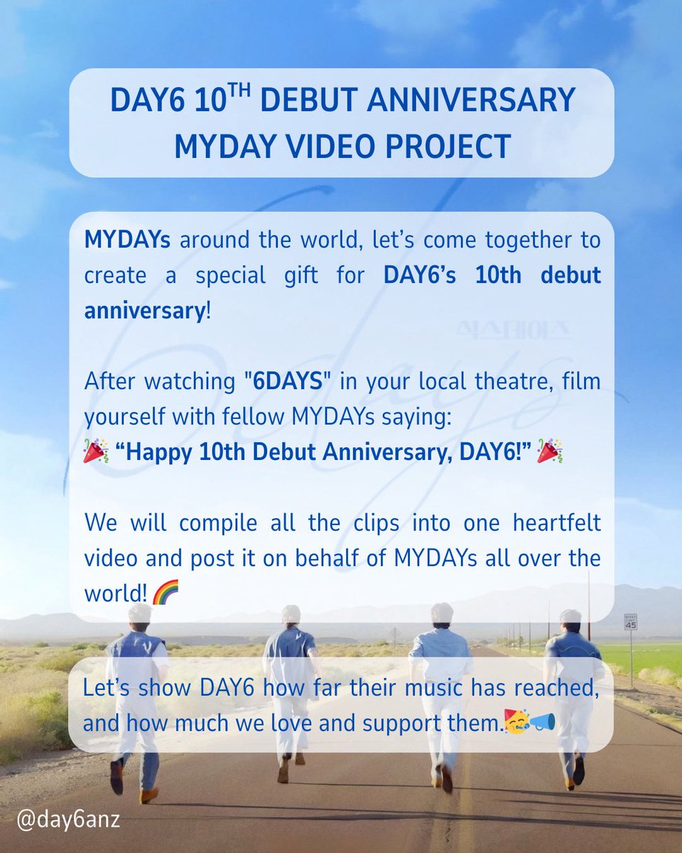day6anz's tweet photo. MYDAYs around the world, let's come together to create a special gift for DAY6's 10th debut anniversary!

Form link: https://t.co/vVS4XWuJFC

#myday6daysproject
#데이식스_식스데이즈_낭만합격
#DAY6_in_6DAYS #DAY6 #6Days https://t.co/W3iMti4v6d