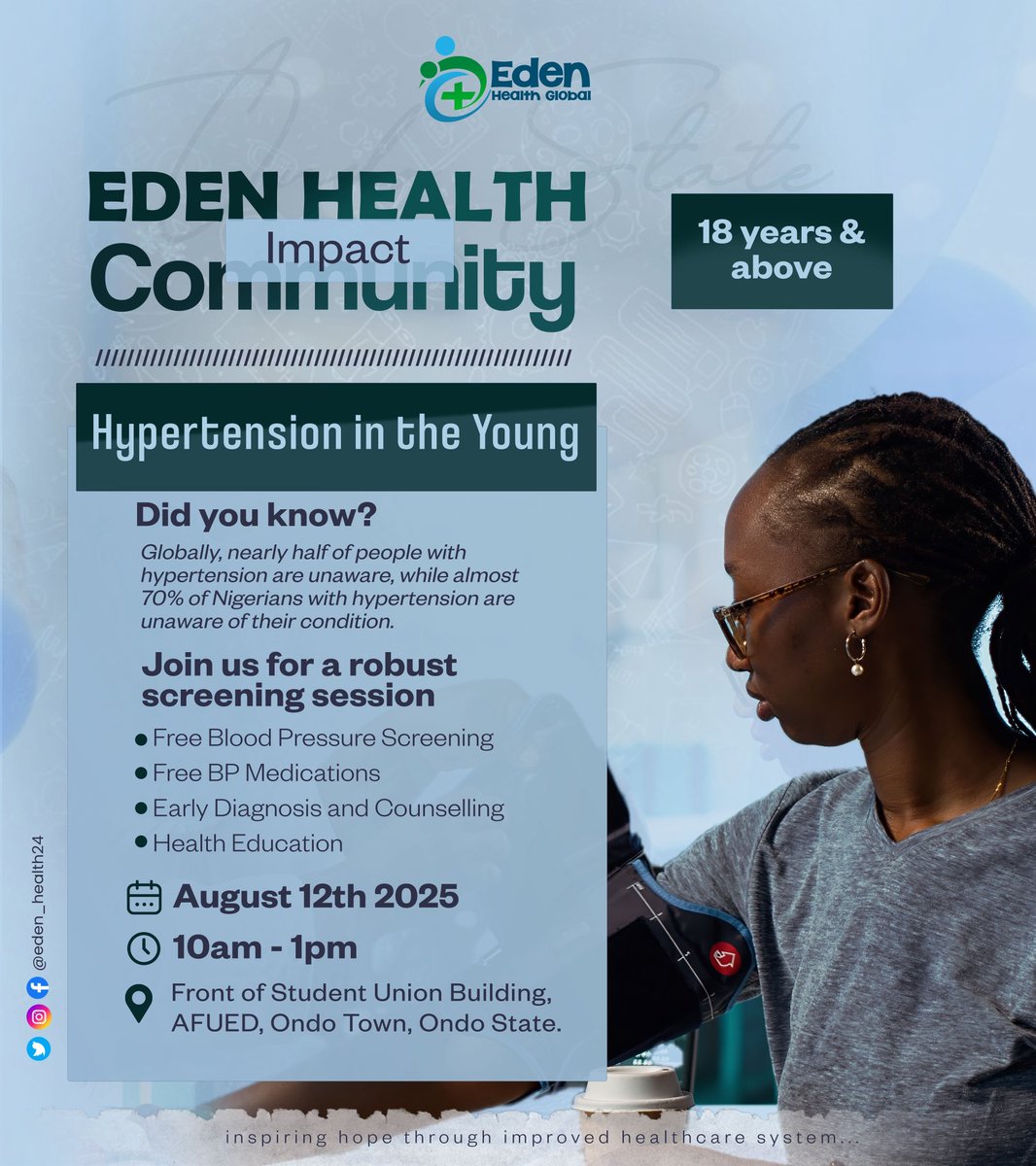 eden_health24's tweet photo. With over 90 young people screened and counseled for hypertension in Adeyemi Federal University of Education, Ondo, Eden Health flags off her community impact project.
Glory to God.
#CommunityImpactProject
#EdenHealthGlobal https://t.co/wpgFvuLFBj