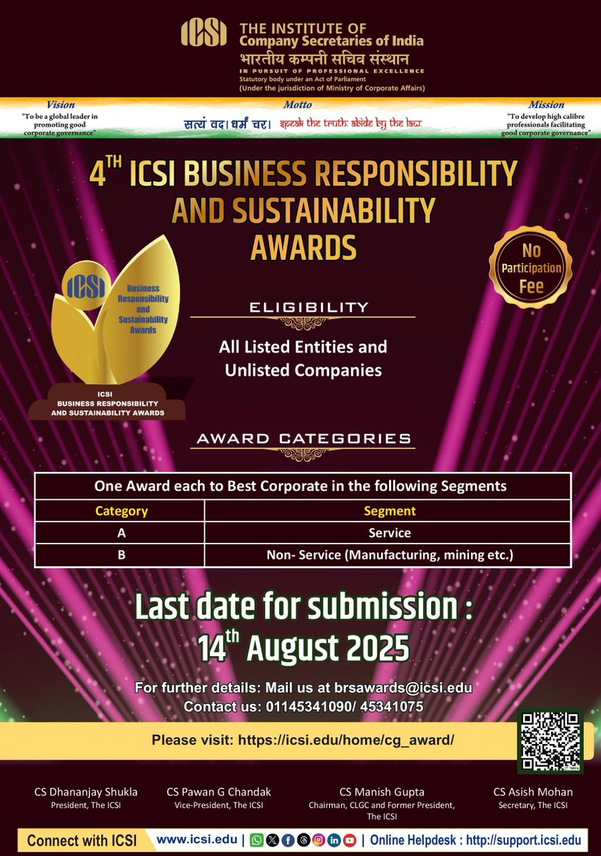 icsi_cs's tweet photo. #ICSI invites applications for its 4th #BusinessResponsibility and #Sustainability Awards, honouring companies that excel in responsible #businesspractices and #sustainablegrowth. Apply @ https://t.co/fK6ZRYyrCU #ICSICGAwards #25YearsofCGAwards #BRSAward https://t.co/qGQEPZndFy
