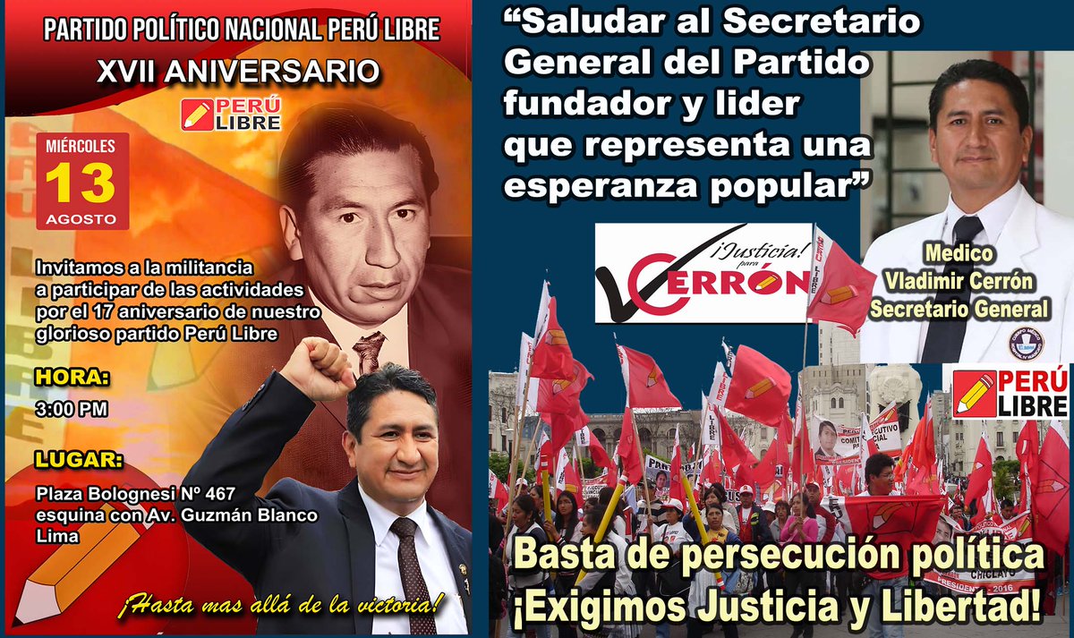 VICTIMA DE LA PERSECUCION JUDICIAL: por fundar un partido <a href="/PERU_LIBRE1/">Perú Libre</a>, exigir "Cambios y Justicia", su "liderazgo y oposición", por "ganar elecciones" y una gestión "Social exitosa en Junín" y Legislativa en el Congreso, por su historia de sacrificio, resistencia y lucha. HLVS