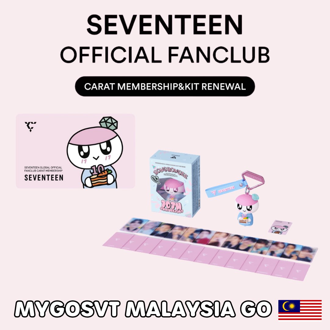 MY Malaysia GO🇲🇾#MYGOSVTT 
SEVENTEEN 10th Official Fanclub Carat Membership &amp; Kit Purchasing Service💎

▪️Carat Membership RM80
▪️Membership Kit RM55
▪️Carat Membership+ Kit RM135

Will purchase via ur acc🙆‍♀️

Order &amp; Details: bit.ly/3V09Aoo
#pasarsvt #pasarseventeen