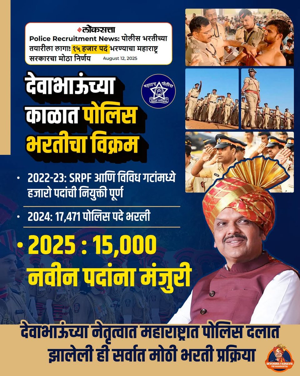 ajaramar21's tweet photo. पोलीस भरतीची देवाभाऊंकडून मोठी घोषणा
१५,००० पदांसाठी भरतीला मंजुरी
हजारो युवांना रोजगाराची सुवर्णसंधी
#DevendraFadnavis #MaharashtraCM #PoliceVacancy #TeamDevendra https://t.co/FHABt0fzZU