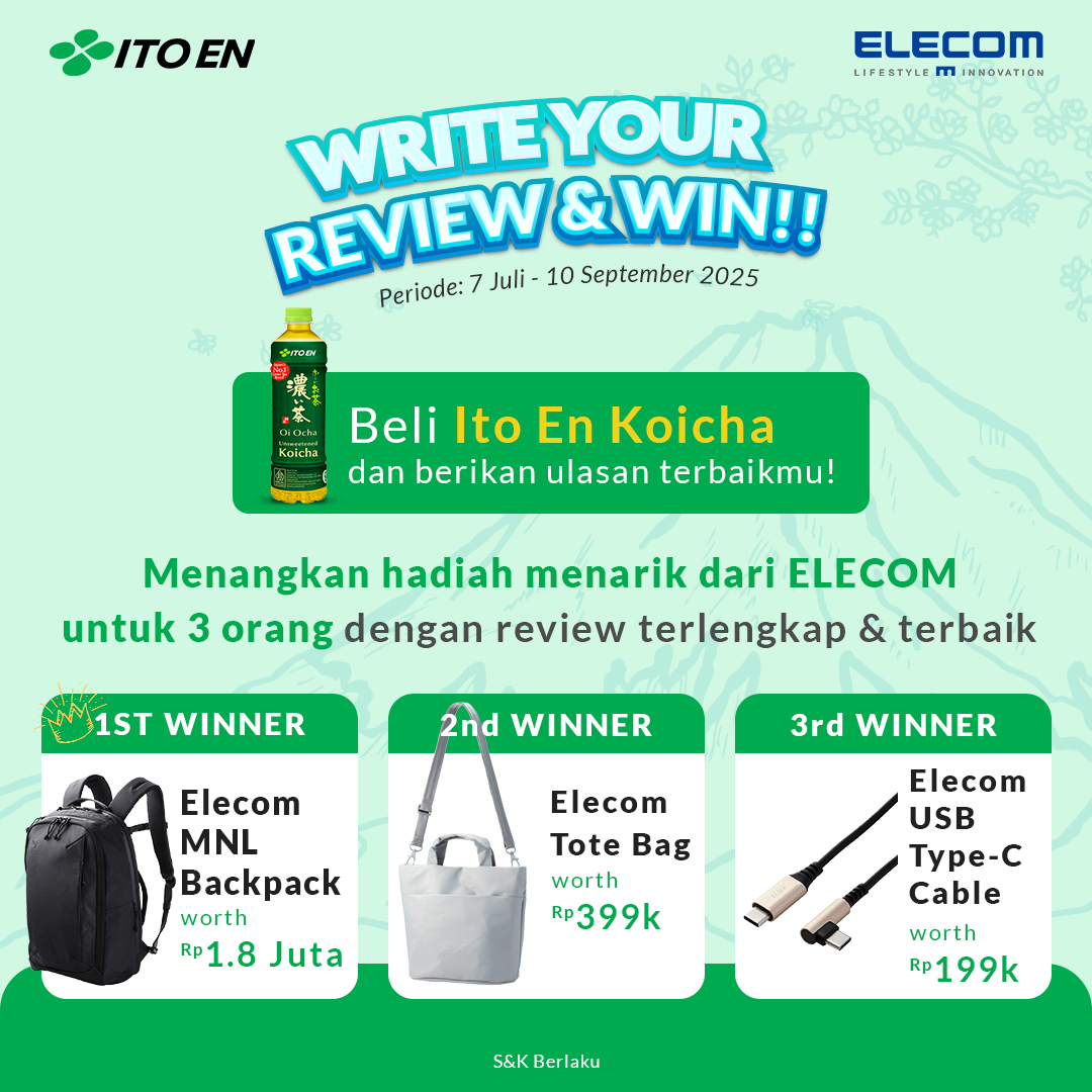 🚀 Saatnya berbagi pengalaman minum teh favoritmu!

Beli ITO EN Koicha 🍵 , tulis review terbaik &amp; menangkan hadiah keren dari ELECOM <a href="/elecom_id/">Elecom Indonesia</a> 
Periode: 7 Jul – 10 Sep 2025 🗓️

ITO Friends siap? 
Yuk tulis reviewmu &amp; jadi salah satu pemenang! 💚

#ItoEn #ELECOM