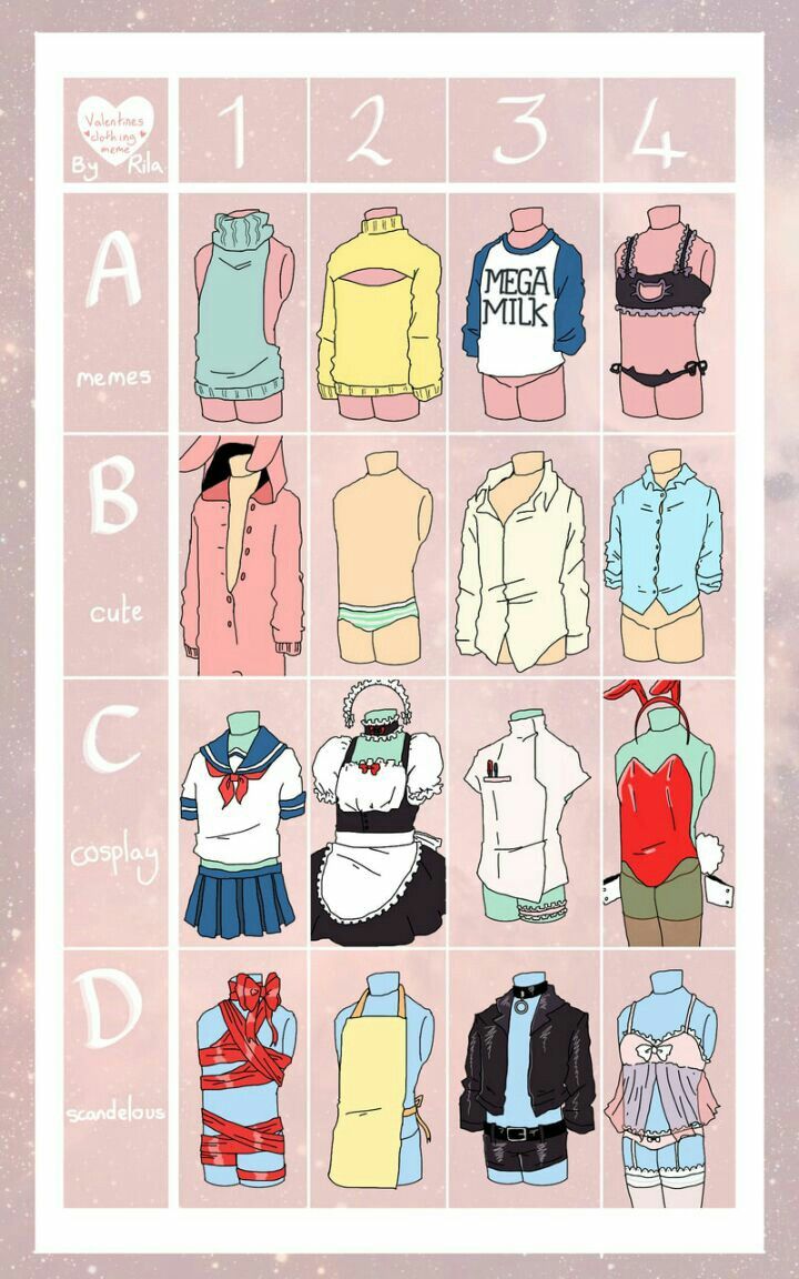 ART FREE

Clothing challenge ❤️

- Follow me
- RT 
- Tag a friend
- Comment your character + Number and letter of the outfit you want

No repeats to make it fun 

I will be posting one a day 

#Art #Drawing #Anime #Challenge