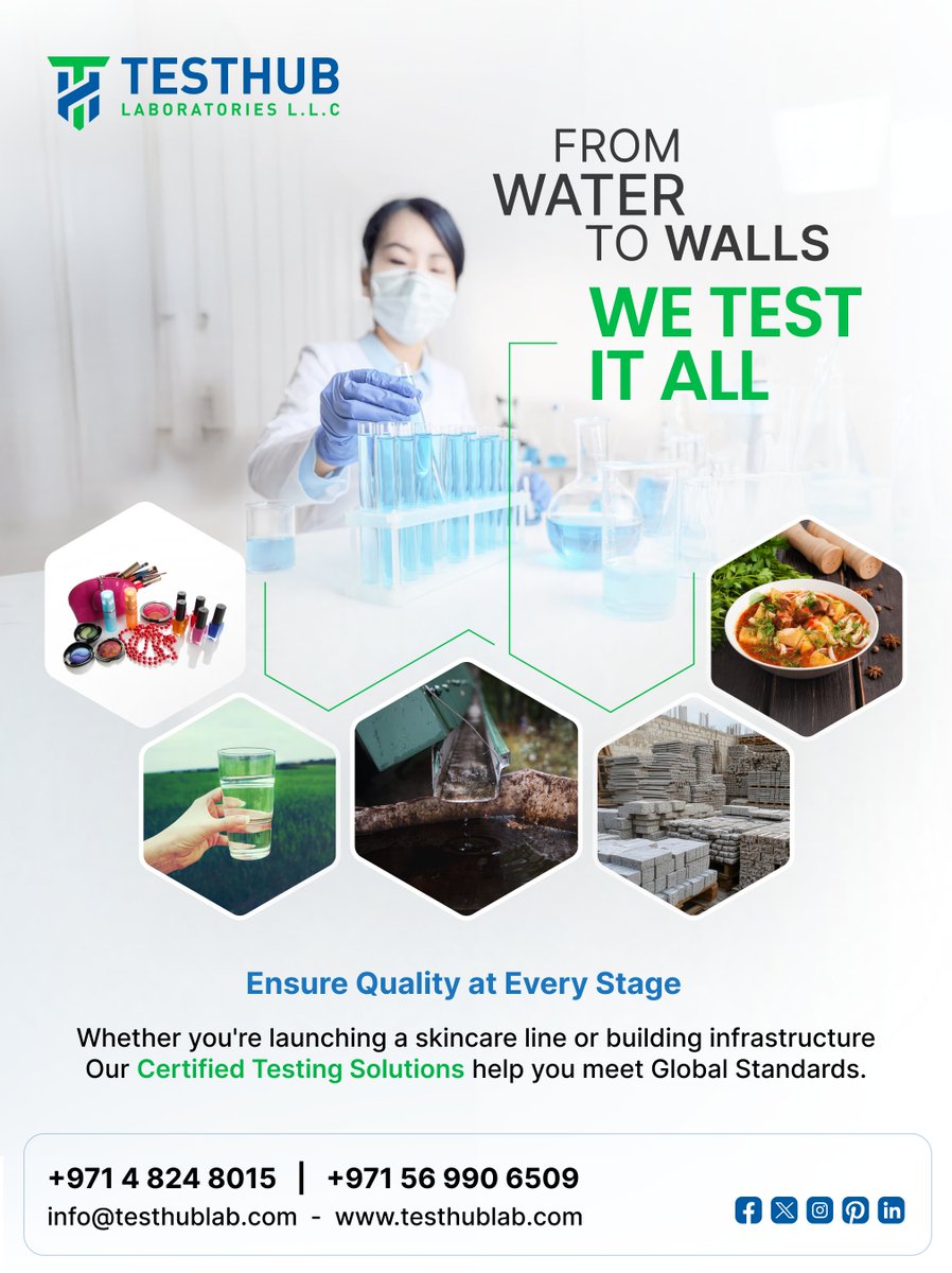 TesthubLab's tweet photo. 🔬 FROM WATER TO WALLS — WE TEST IT ALL ✅

Quality matters at every stage.

📱: +971 4 824 8015, +971 56 990 6509

#CertifiedTesting #QualityAssurance #GlobalStandards #WaterTesting #MaterialTesting #ProductTesting #InfrastructureTesting #SafetyFirst https://t.co/S5ex1xWmHh