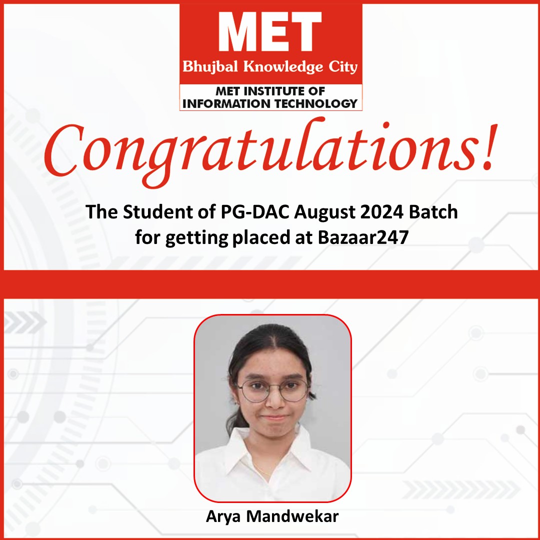 METedu's tweet image. Proud moment for MET! 🎉 
Congratulations to Ms. Arya Mandwekar (PG DAC – Aug 2024) for securing a coveted role at Bazaar247. Your success is our inspiration! 💼✨ 
#LifeAtMET #METSuccessStories #Placement2024