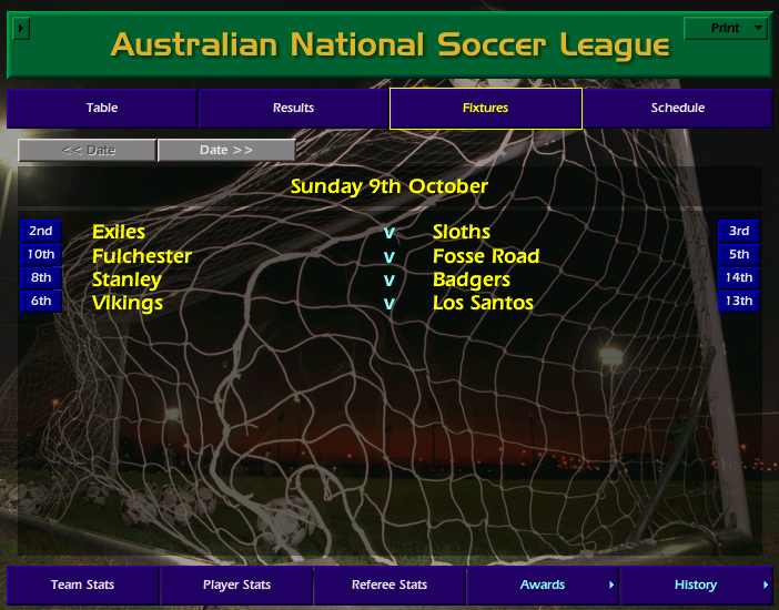Round 2 is a mini-round due to international call-ups presumably. Badgers are on the road again, while impressive round one winners Exiles and Sloths look to snatch 1st spot away from Dudley.