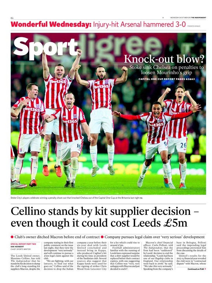 The back page of The Independent after Stoke's EFL Cup victory over Chelsea in 2015.

📸📰🤩