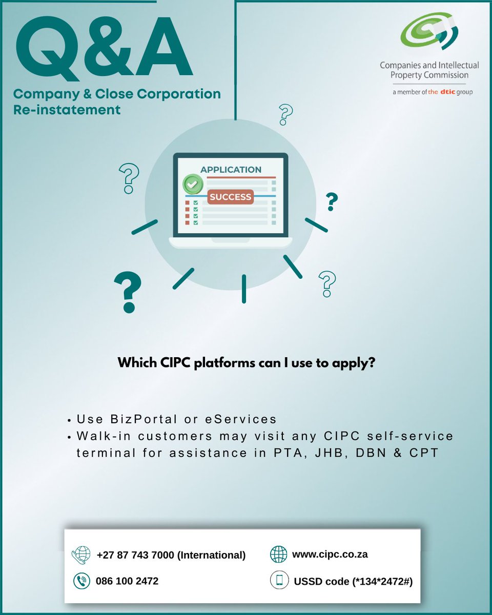 Companies and Intellectual Property Commission (@thecipc) on Twitter photo 🚫 Re-instatement e-mail applications are officially closed!
The email re-instatements@cipc.co.za has been deactivated and will no longer accept applications.
For all re-instatement enquiries, please contact: enqreinstatements@cipc.co.za
🔗 Apply Online:
• BizPortal: 🚫 Re-instatement e-mail applications are officially closed!
The email re-instatements@cipc.co.za has been deactivated and will no longer accept applications.
For all re-instatement enquiries, please contact: enqreinstatements@cipc.co.za
🔗 Apply Online:
• BizPortal: