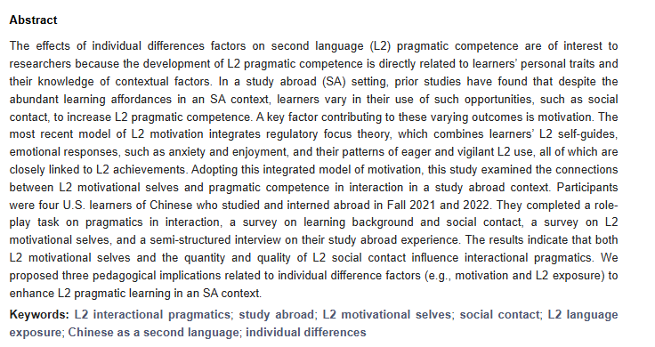 Languages_MDPI's tweet image. 💡Check out this insightful article: Second Language Motivational Selves and Interactional Pragmatics in Study Abroad: A Qualitative Study

Full Text: mdpi.com/2226-471X/9/12…

Special Issue: mdpi.com/journal/langua…

#L2 #pragmatics #chinese #StudyAbroad #linguistics #language