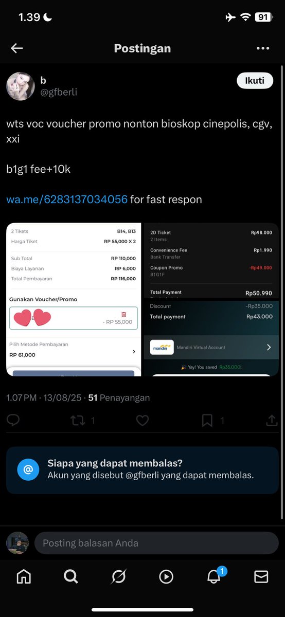 hydtra13's tweet image. Pls woi dia nipu kasiannn para korban 
Ini org knp dongkol bgttt @gfberli 

Tobat lu korbannya bukan 1/2 enak ya makan uang haram tiap hari 

Wts voc voucher promo nonton bioskop cinepolis cgv xxi