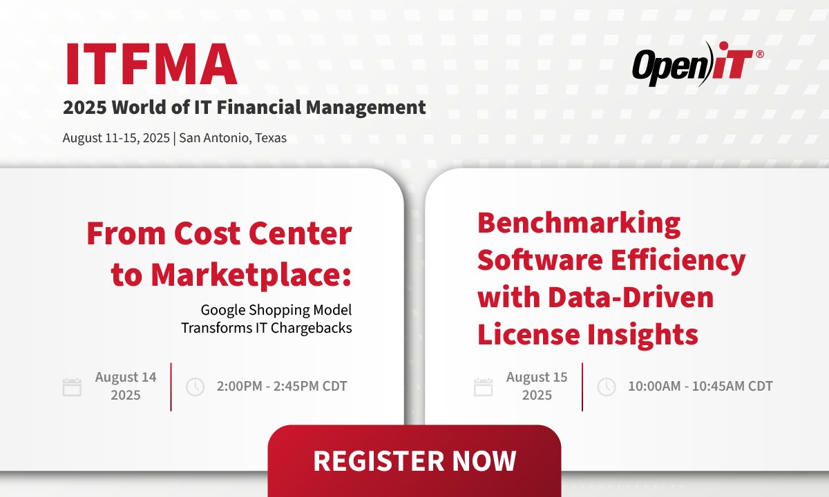 Open iT is speaking at #ITFMA2025! 🎤

📌 Aug 14: From Cost Center to Marketplace
📌 Aug 15: Benchmarking Software Efficiency
Transform chargebacks. Expose inefficiencies. Make IT strategic.

🔗 openit.com/resources/even…

#FinOps #TBM #ITFinance #SoftwareOptimization