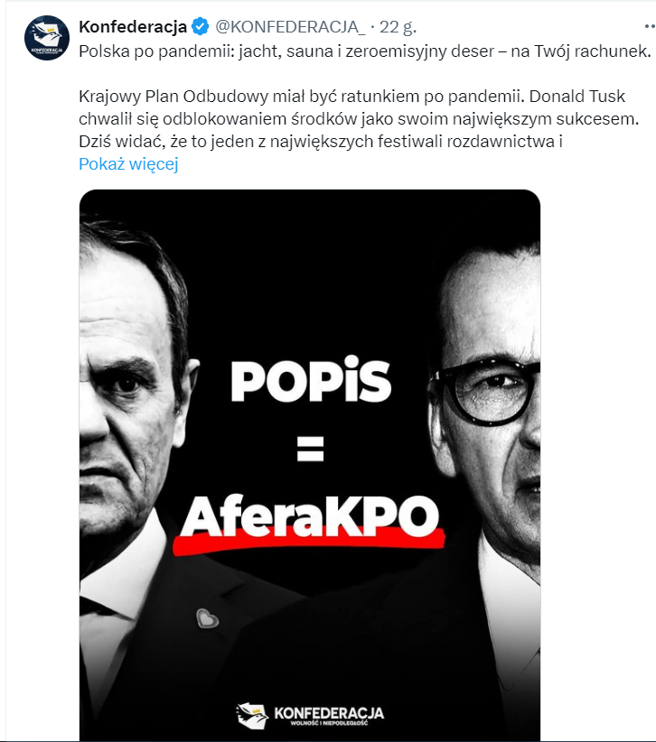 Nie ma na polskiej scenie większego s-syństwa niż tzw konfa (targowicka)
Gdyby złapano Tuska na tym że ukradł 3 duże bańki ta banda pridupasów platformianych zaczęłaby się drzeć że to wina piS-u.
Do kosza z tym i zamknąć klapę żeby już nie wylazło.