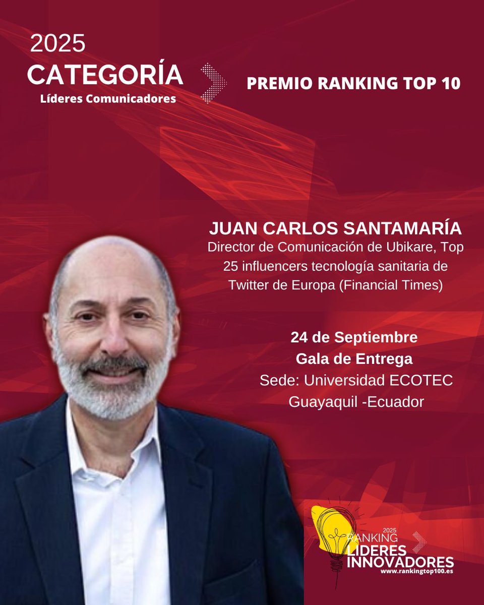 Aquí estoy, como #Dircom de <a href="/ubikare/">UBIKARE</a>, premio Top 10 de la categoría “#Comunicación”.

Dentro del Top 100 de Líderes Innovadores Iberoamericanos 2025.

Iniciativa de Red Business Market. Colaboran Diario de Empresa, El Diario Latinoamericano y Asociación Internacional de #Startups