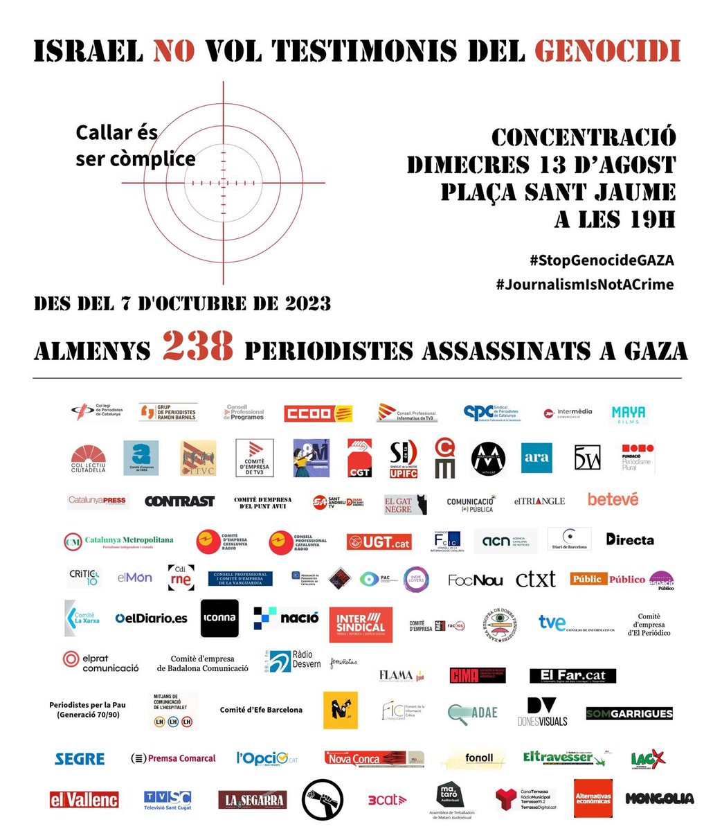 Davant el genocidi a Gaza, la professió es mobilitza. 

Avui, a les 19h. a la Pl. Sant Jaume 👇🏾