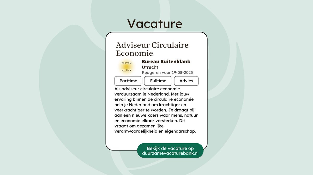 Voor verschillende opdrachtgevers in zowel het publieke domein (overheden) als bij bedrijven zorg je voor beweging. Het omzetten van een gezamenlijke visie en ambitie naar potentieel handelingsperspectief in actie.

Meer weten? 👉 duurzamevacaturebank.nl/vacature/burea…

#vacature #duurzaam
