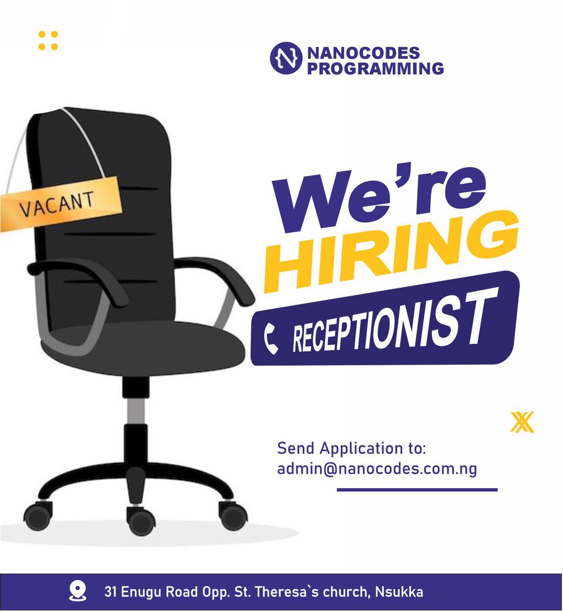 We’re Hiring – Receptionist

Nanocodes Programming Limited is looking for a Receptionist to join our team in Nsukka.

Location: 31 Enugu Road, Opp. St. Theresa’s Church, Nsukka
Send your application to: admin@nanocodes.com.ng

Join us and be the first friendly face our clients