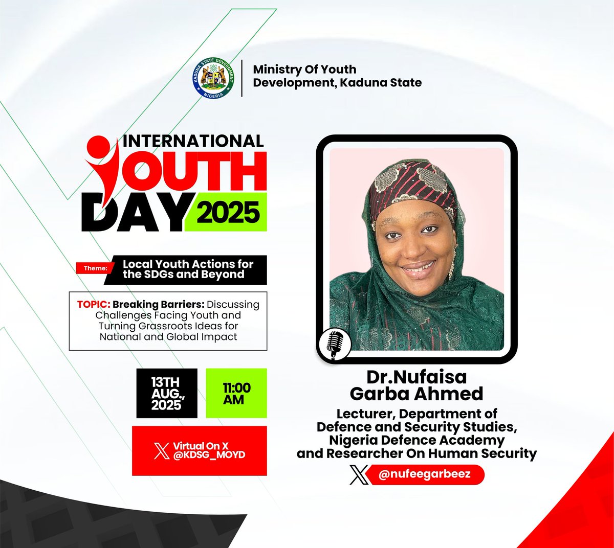 KDSG_MOYD's tweet photo. X Speaker Series, Day 2! 

Join the conversation today, don't miss out!
Topic: Breaking Barriers – Discussing challenges facing youth and turning grassroots ideas into national and global impact.

🕚 Time: 11:00 AM
📲 Live on X Space 

https://t.co/hMZ2jVHVYf https://t.co/0canFsGicH
