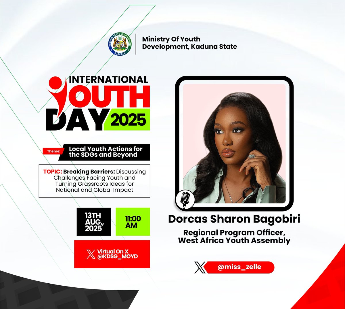 KDSG_MOYD's tweet photo. X Speaker Series, Day 2! 

Join the conversation today, don't miss out!
Topic: Breaking Barriers – Discussing challenges facing youth and turning grassroots ideas into national and global impact.

🕚 Time: 11:00 AM
📲 Live on X Space 

https://t.co/hMZ2jVHVYf https://t.co/0canFsGicH