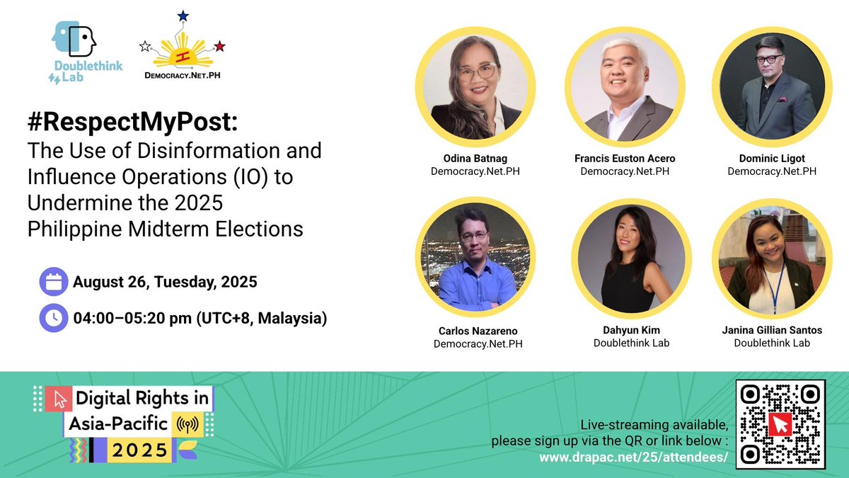 Doublethink Lab (@doublethinklab) on Twitter photo 📅 We’ll be at DRAPAC 2025 in KL with <a href="/PHNetDems/">Democracy.Net.PH</a>, discussing one of the biggest challenges for democracies: disinformation & information operations in elections.
Sign up 👉 drapac.net/25/attendees/
Looking forward to connecting & sharing insights! 📅 We’ll be at DRAPAC 2025 in KL with <a href="/PHNetDems/">Democracy.Net.PH</a>, discussing one of the biggest challenges for democracies: disinformation & information operations in elections.
Sign up 👉 drapac.net/25/attendees/
Looking forward to connecting & sharing insights!
