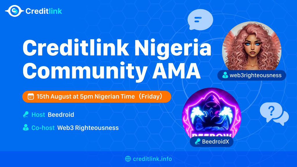 Creditlink (@creditslink) on Twitter photo Join our 1st Nigerian π³π¬ community AMA with <a href="/web3righteous/">web3righteousnessπ¦βπ₯</a> at 4 PM UTC on this Friday π₯³
π $20 for the 4 best questions
π° $30 for 10 lucky users who
β
Follow <a href="/creditslink/">Creditlink</a>
β
RT & Tag 3 friends
πSet your reminder x.com/i/spaces/1yNGaβ¦ Join our 1st Nigerian π³π¬ community AMA with <a href="/web3righteous/">web3righteousnessπ¦βπ₯</a> at 4 PM UTC on this Friday π₯³
π $20 for the 4 best questions
π° $30 for 10 lucky users who
β
Follow <a href="/creditslink/">Creditlink</a>
β
RT & Tag 3 friends
πSet your reminder x.com/i/spaces/1yNGaβ¦