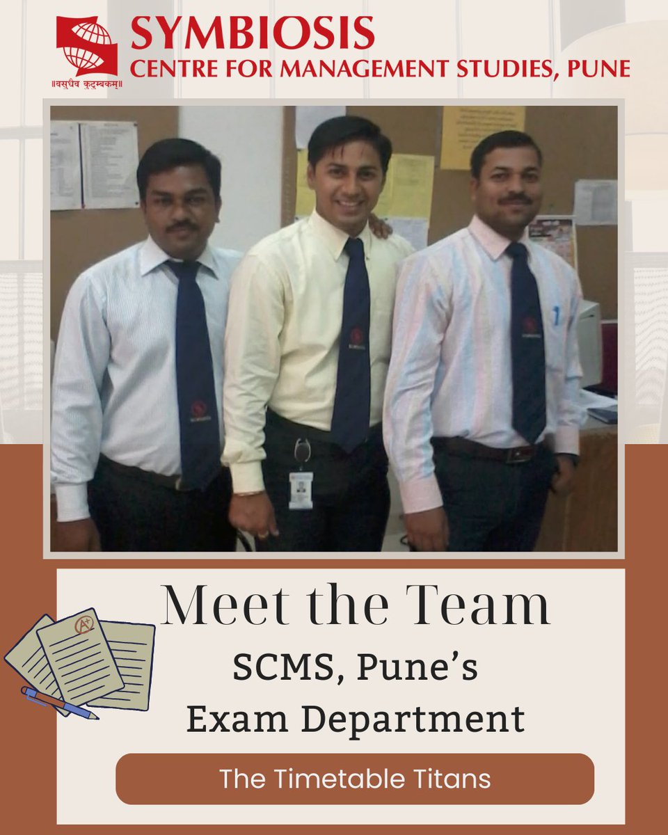 SCMS Pune Official (@scmspune) on Twitter photo 📅✨ "Timely timetables and smooth examinations don’t just happen… they’re crafted and managed by our Exam Department legends.
Meet the Superhumans- Exam Department of SCMS, Pune!- The crew behind the view 💪📚"
#examdept #behindthescenes
<a href="/symbiosistweets/">Symbiosis International (Deemed University)</a> <a href="/symbiosisset/">symbiosis.set</a> 📅✨ "Timely timetables and smooth examinations don’t just happen… they’re crafted and managed by our Exam Department legends.
Meet the Superhumans- Exam Department of SCMS, Pune!- The crew behind the view 💪📚"
#examdept #behindthescenes
<a href="/symbiosistweets/">Symbiosis International (Deemed University)</a> <a href="/symbiosisset/">symbiosis.set</a>