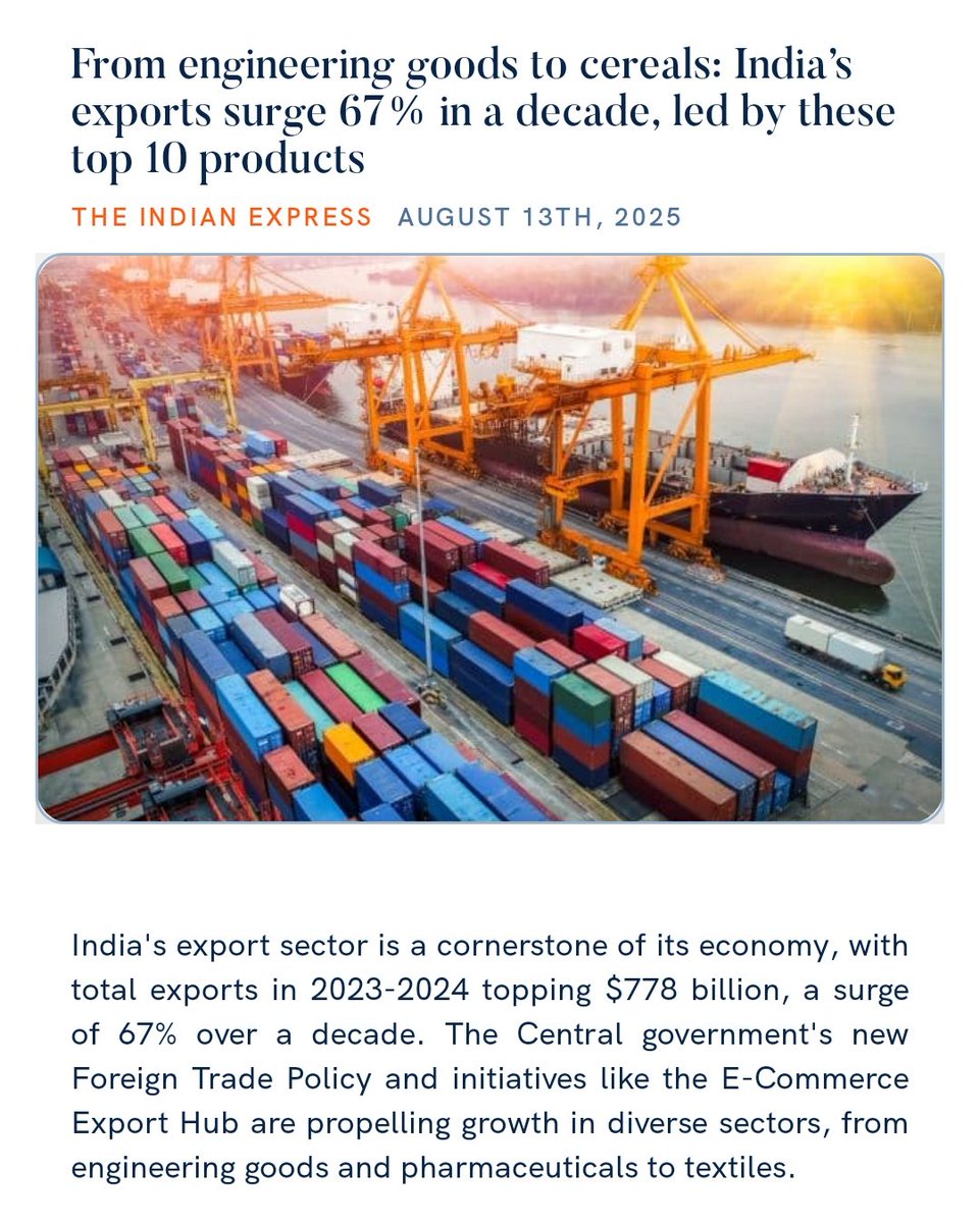 From engineering goods to cereals: India’s exports surge 67% in a decade, led by these top 10 products
indianexpress.com/article/trendi… 

via NaMo App