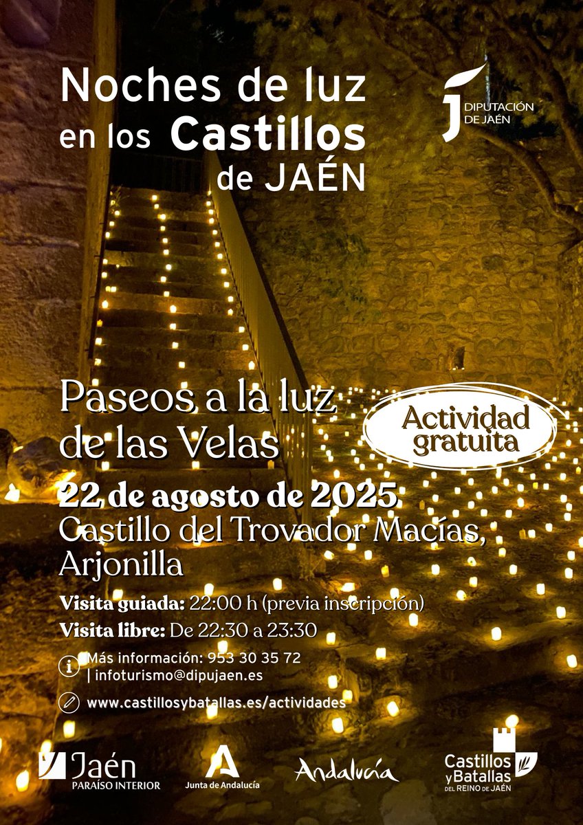 ✨Continúan los "Paseos a la Luz de las Velas", con una noche especial en Arjonilla

Recorrerás el Castillo del Trovador Macías, cargado de historia y leyendas, amenizado por la música de Mas Trío, que pondrá la banda sonora a una velada mágica.

🗓️22/0
🔗jaenparaisointerior.es/es/w/paseos-a-…