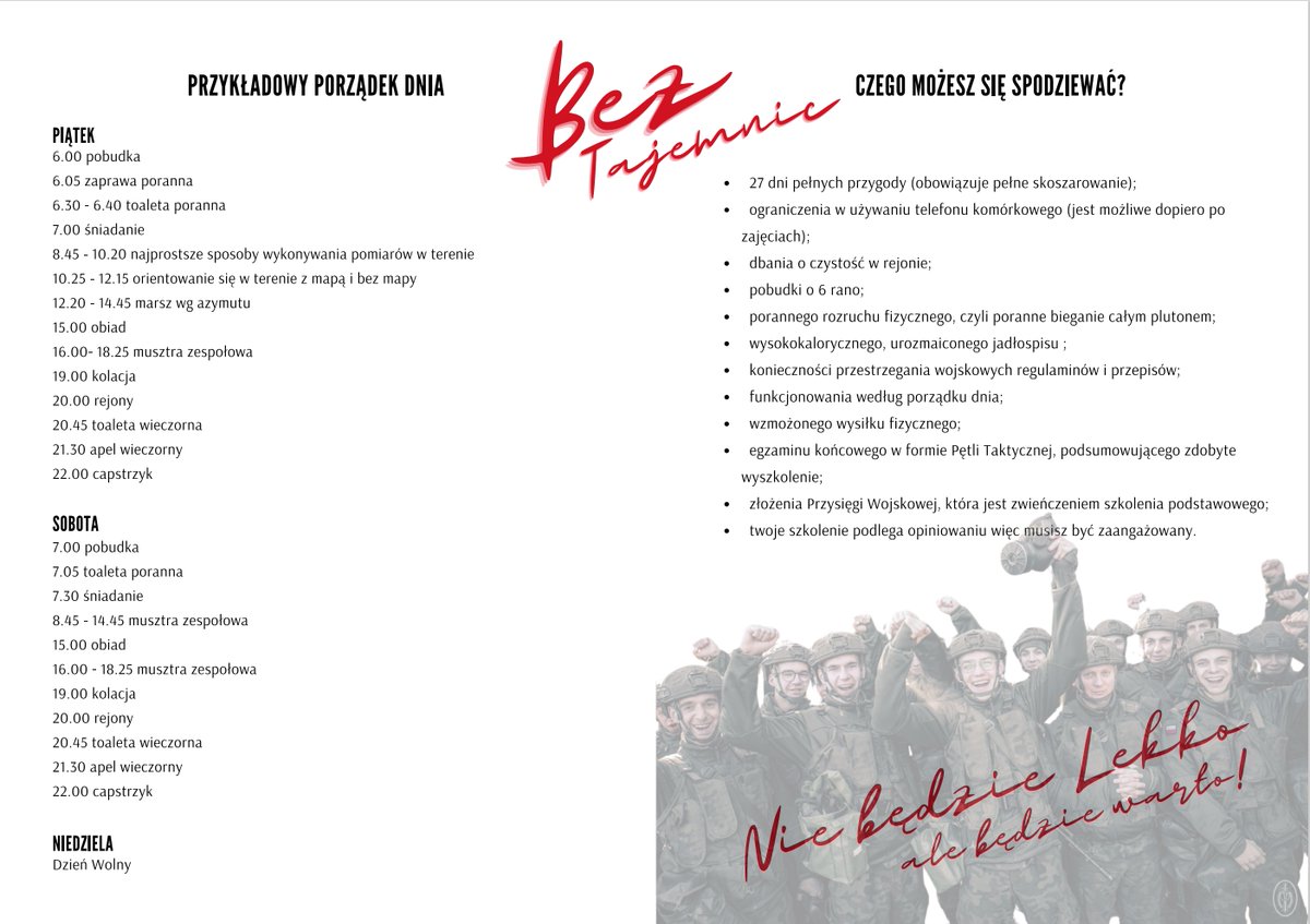 WCR Nowy Targ (@wcr_nowytarg) on Twitter photo #DobrowolnaZasadniczaSłużbaWojskowa 𝙗𝙚𝙯 𝙩𝙖𝙟𝙚𝙢𝙣𝙞𝙘❗
𝘾𝙕𝙀𝙂𝙊 𝙈𝙊𝙕̇𝙀𝙎𝙕 𝙎𝙄𝙀̨ 𝙎𝙋𝙊𝘿𝙕𝙄𝙀𝙒𝘼𝘾́?
🌟 27 dni pełnych przygód (obowiązuje pełne skoszarowanie)
szczegóły:👇
<a href="/MON_GOV_PL/">Ministerstwo Obrony Narodowej 🇵🇱</a> <a href="/ZolnierzRP/">Centralne Wojskowe Centrum Rekrutacji</a>
#SzkolenieWojskowe #27DniPrzygód #DobrowolnaZasadniczaSłużbaWojskowa 𝙗𝙚𝙯 𝙩𝙖𝙟𝙚𝙢𝙣𝙞𝙘❗
𝘾𝙕𝙀𝙂𝙊 𝙈𝙊𝙕̇𝙀𝙎𝙕 𝙎𝙄𝙀̨ 𝙎𝙋𝙊𝘿𝙕𝙄𝙀𝙒𝘼𝘾́?
🌟 27 dni pełnych przygód (obowiązuje pełne skoszarowanie)
szczegóły:👇
<a href="/MON_GOV_PL/">Ministerstwo Obrony Narodowej 🇵🇱</a> <a href="/ZolnierzRP/">Centralne Wojskowe Centrum Rekrutacji</a>
#SzkolenieWojskowe #27DniPrzygód