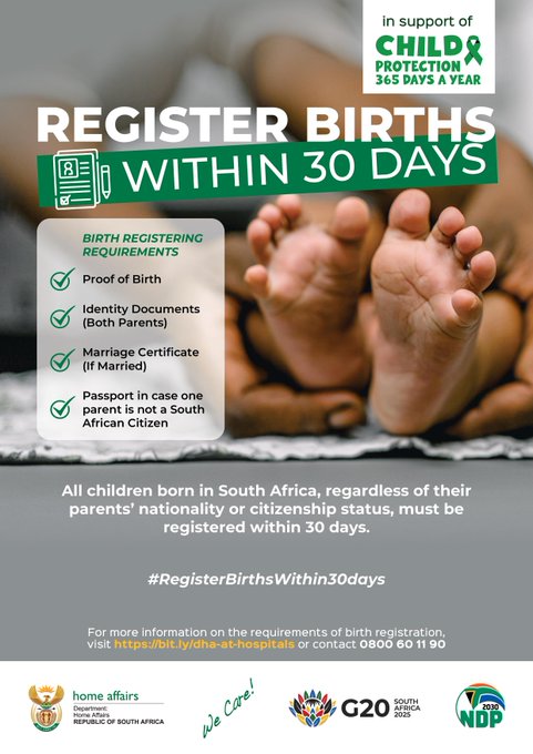 Remember to register your child's birth at a   health facility within 30 days of birth.
Click here for a list of healthcare facilities with available Home Affairs services: zurl.co/wYmne #ServiceDeliveryZA #GovZAUpdates #gcisforyou <a href="/GovernmentZA/">South African Government</a>  <a href="/HomeAffairsSA/">HomeAffairsSA 🇿🇦</a>