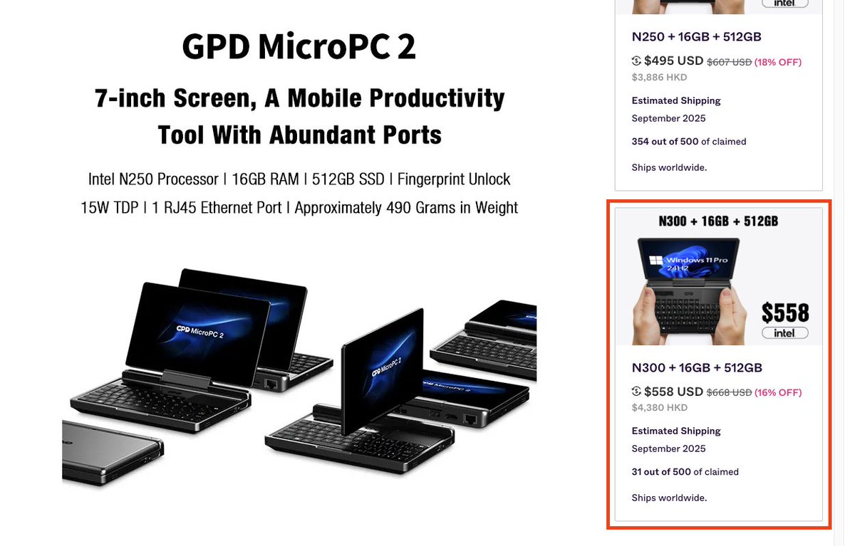GPD is now offering an Intel N300 version of their upcoming MicroPC 2,  which should provide some better performance (double the cores and threads  as the N250). https://t.co/Ut0x4W6pvX Here is my review