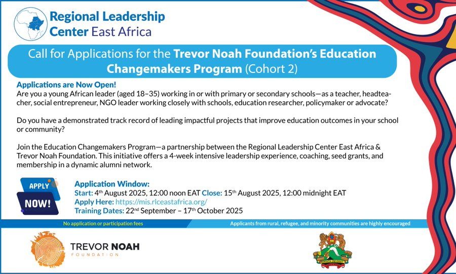 Menterprise Africa (@menterprise_af) on Twitter photo π£ Calling Young African Leaders in Education!
Are you working in or with schools in East & Central Africa & leading projects that improve education outcomes?
Then apply for <a href="/rlceastafrica/">RLC East Africa</a> & <a href="/TrevorNoahFdn/">Trevor Noah Foundation</a>'s changemakers program .
π¨Deadline: August π£ Calling Young African Leaders in Education!
Are you working in or with schools in East & Central Africa & leading projects that improve education outcomes?
Then apply for <a href="/rlceastafrica/">RLC East Africa</a> & <a href="/TrevorNoahFdn/">Trevor Noah Foundation</a>'s changemakers program .
π¨Deadline: August