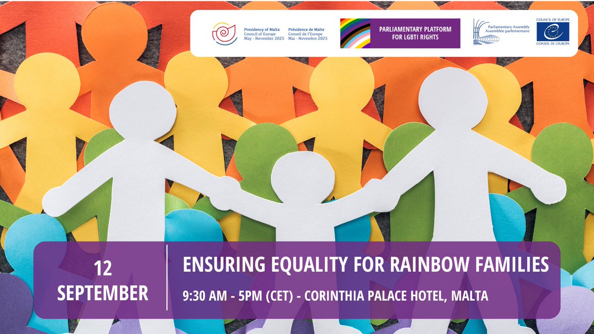 PACE_Equality (@pace_equality) on Twitter photo 🌈Families come in all colors and shapes. It’s time Europe ensures equal rights for all — including rainbow families.
🚨Save the date for our #Platform4LGBTIrights Conference in Malta, under the <a href="/coe/">Council of Europe</a> #MTCoE2025 Presidency 🇲🇹
🔗Details & registration⬇️
pace.coe.int/en/pages/confe… 🌈Families come in all colors and shapes. It’s time Europe ensures equal rights for all — including rainbow families.
🚨Save the date for our #Platform4LGBTIrights Conference in Malta, under the <a href="/coe/">Council of Europe</a> #MTCoE2025 Presidency 🇲🇹
🔗Details & registration⬇️
pace.coe.int/en/pages/confe…