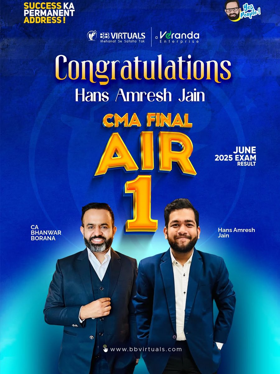 Veranda’s Commerce vertical shines in CMA June 2025 
AIR 1 – Hans Amresh Jain
Top-50 ranks: Nikhil Jain, Poojitha Reddy P, Sai Manideep, Mantri Chaithanya Kumar, B Tejas, Bachu Balaji, Ravi Teja, Abhilash Agarwal, Lakshya Bhutoria, Shakshi Sharma. #CMA2025 #AIR1 #StudentSuccess
