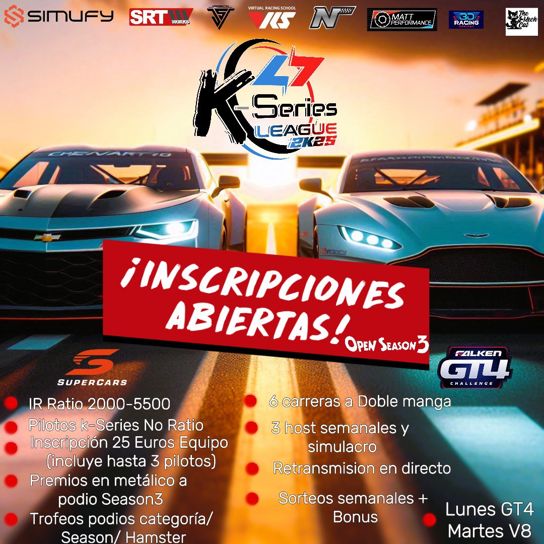 KTD Competición (@ktd_competicion) on Twitter photo Seguimos dejando detalles de esta Season 3
📍 25 euros inscripción de EQUIPO
incluye 2 o 3 pilotos 
📍IR para pilotos NO K-Series 2000/5500 a día de cierre de inscripciones, a 6 agosto no + 6001
📍 3 Host semanales por categoría (V8 y GT4) con simulacro
📍6 citas quincenales Seguimos dejando detalles de esta Season 3
📍 25 euros inscripción de EQUIPO
incluye 2 o 3 pilotos 
📍IR para pilotos NO K-Series 2000/5500 a día de cierre de inscripciones, a 6 agosto no + 6001
📍 3 Host semanales por categoría (V8 y GT4) con simulacro
📍6 citas quincenales