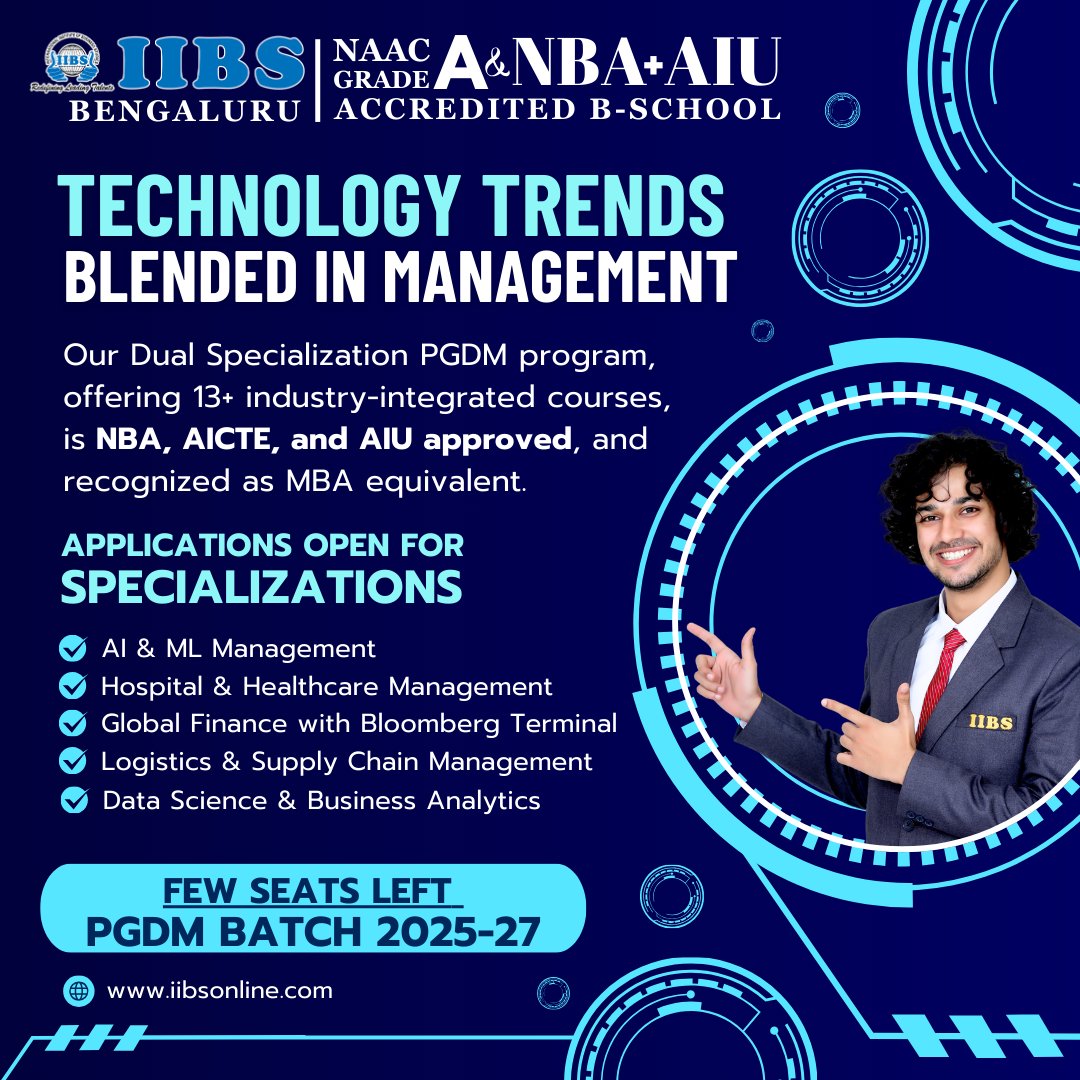 iibsonline's tweet image. Technology Trends Blended in Management
Few Seats Left – PGDM Batch 2025-27

Dual Internship &amp;amp; Specialization | 13+ Industry-Integrated Courses
NBA | AICTE | AIU Approved – MBA Equivalent

#TechnologyInManagement #PGDM2025 #DualInternship #HealthcareManagement #GlobalFinance