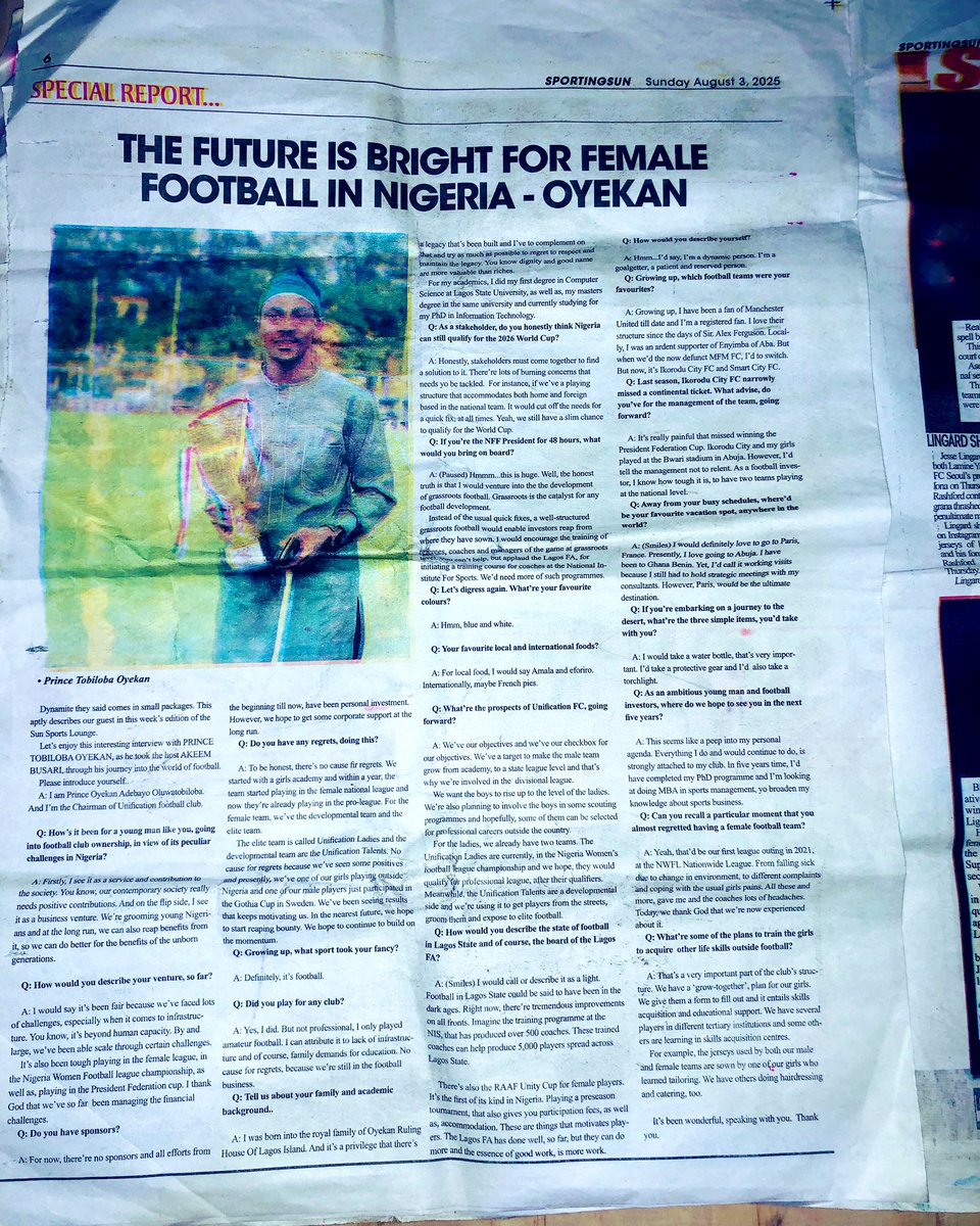 Our Chairman &amp; Director featured in a speacial report of the Sporting sun,section of the Sun newspaper Nigeria’s leading national daily. It was loaded as discussion cuts across projection about Unification FC,Nigeria football,his personality,LSFA &amp; female football  #unificationfc