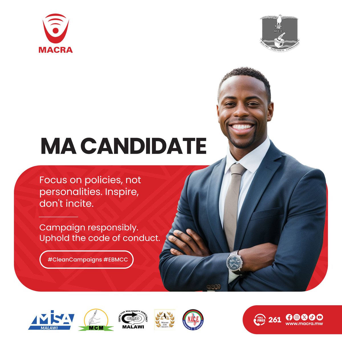 MACRAMALAWI's tweet photo. Elections are about building the future, not breaking each other down! Focus on real policies, share ideas that inspire, and keep the campaign clean. Let’s lead with respect, unity, and vision for a better Malawi.
#EBMCC
#MACRA
#MwCERT
#DataProtectionAuthoritymw https://t.co/lZr5hTTi81